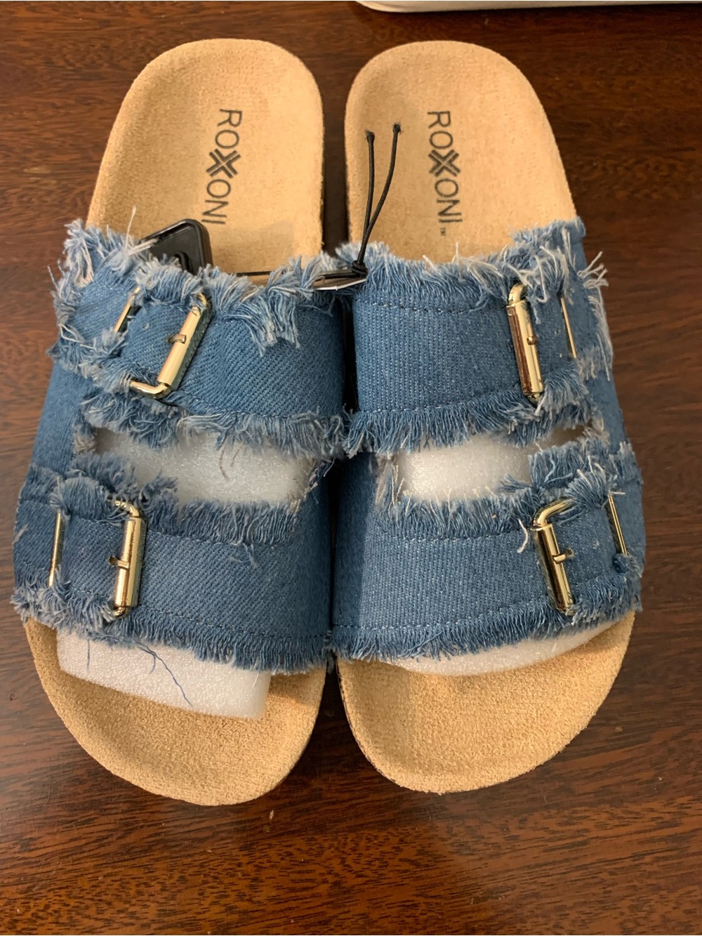 Roxoni Women's Frayed Denim Slide Sandals - Blue